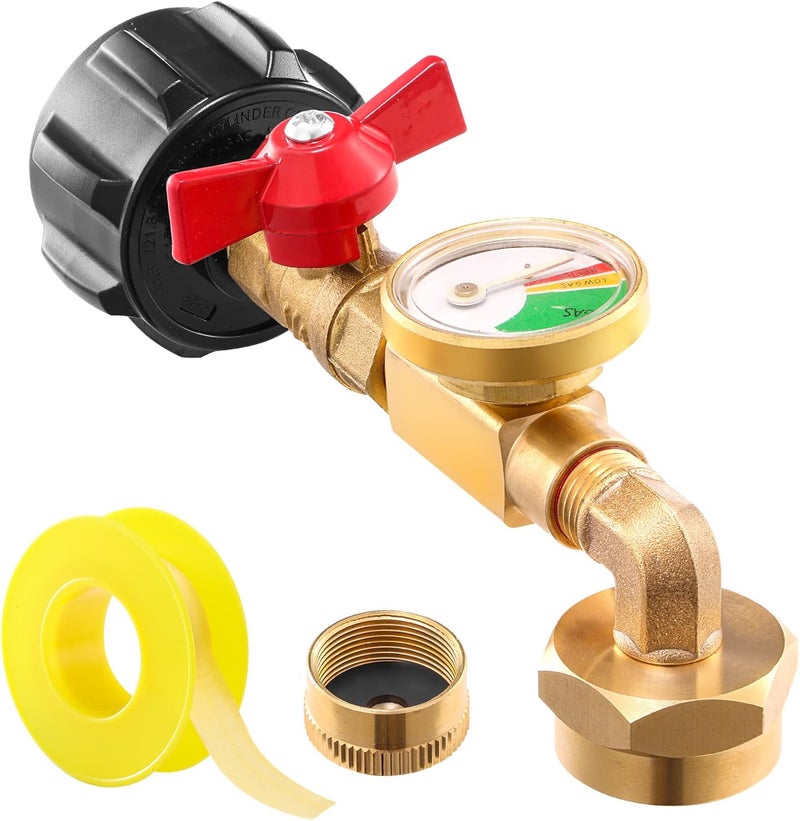Catilon QCC1 Propane Refill Elbow Adapter with Propane Tank Gauge, 90 Degrees Propane Refill Adapter with ON-Off Control Valve, for Camping Grill 1LB Bottle Tank 20-40LBS Cylinder - Image 1